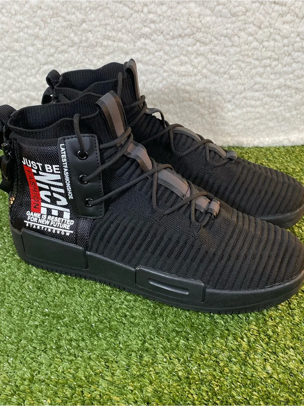 Runmaxx Casual Fashion Knit Mesh Shoes Men SZ 11 (44) Black Lace Up Hi Athletic